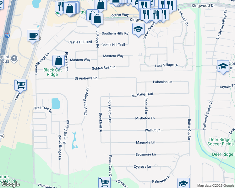 map of restaurants, bars, coffee shops, grocery stores, and more near 1211 Mustang Trail in Humble