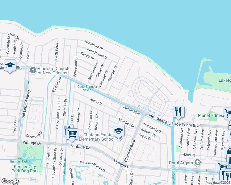 map of restaurants, bars, coffee shops, grocery stores, and more near 800 Joe Yenni Boulevard in Kenner