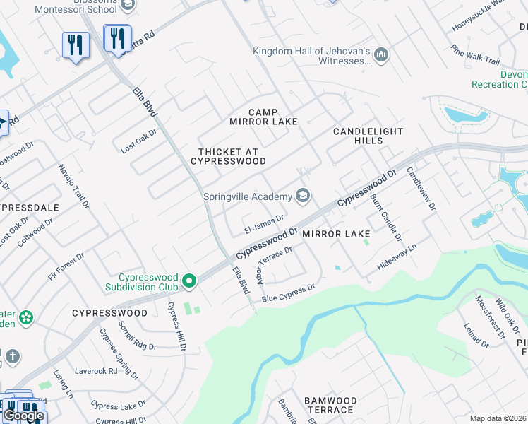 map of restaurants, bars, coffee shops, grocery stores, and more near 18411 Snowwood Drive in Spring