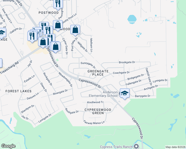 map of restaurants, bars, coffee shops, grocery stores, and more near 22414 Ferngate Drive in Spring