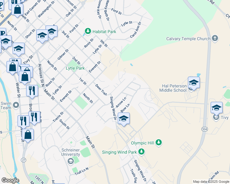 map of restaurants, bars, coffee shops, grocery stores, and more near 709 Smokey Mountain Dr in Kerrville