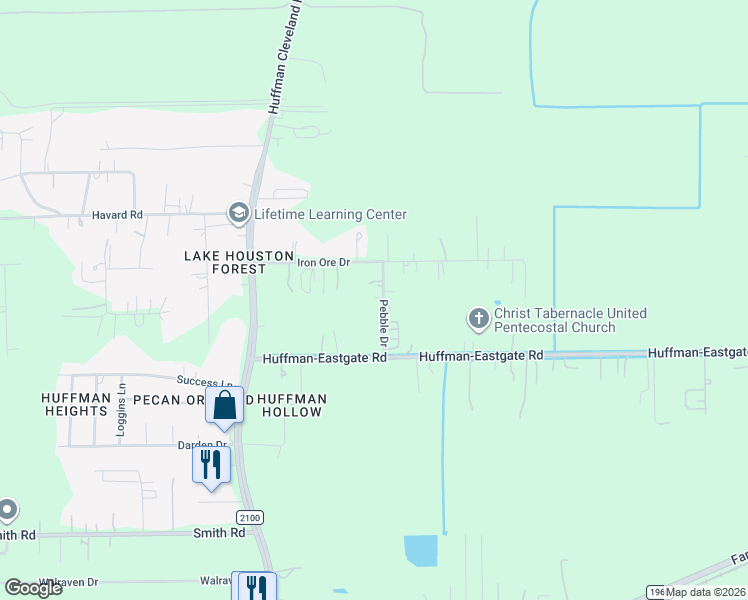 map of restaurants, bars, coffee shops, grocery stores, and more near 25404 Pebble Drive in Huffman