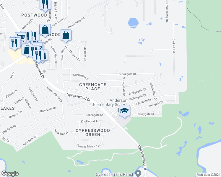 map of restaurants, bars, coffee shops, grocery stores, and more near 22414 Millgate Drive in Spring