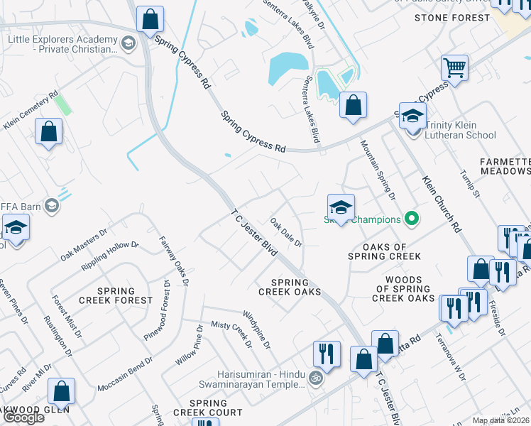 map of restaurants, bars, coffee shops, grocery stores, and more near 17305 Desert Oak Court in Spring