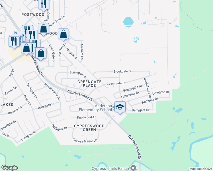 map of restaurants, bars, coffee shops, grocery stores, and more near 22414 Millgate Drive in Spring