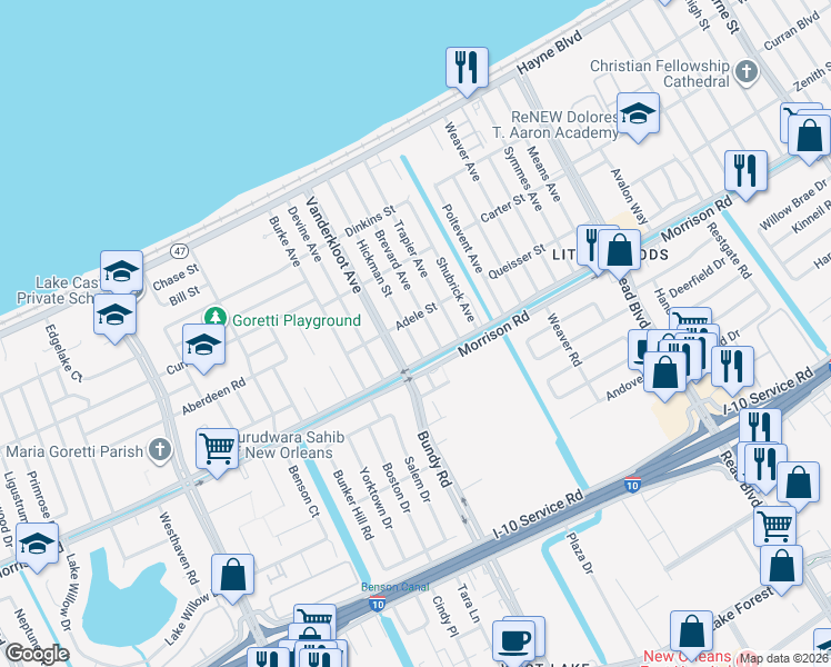 map of restaurants, bars, coffee shops, grocery stores, and more near 7347 Hickman Street in New Orleans