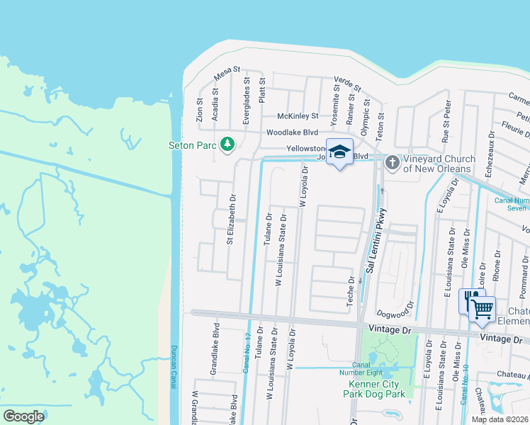 map of restaurants, bars, coffee shops, grocery stores, and more near 4169 Tulane Drive in Kenner