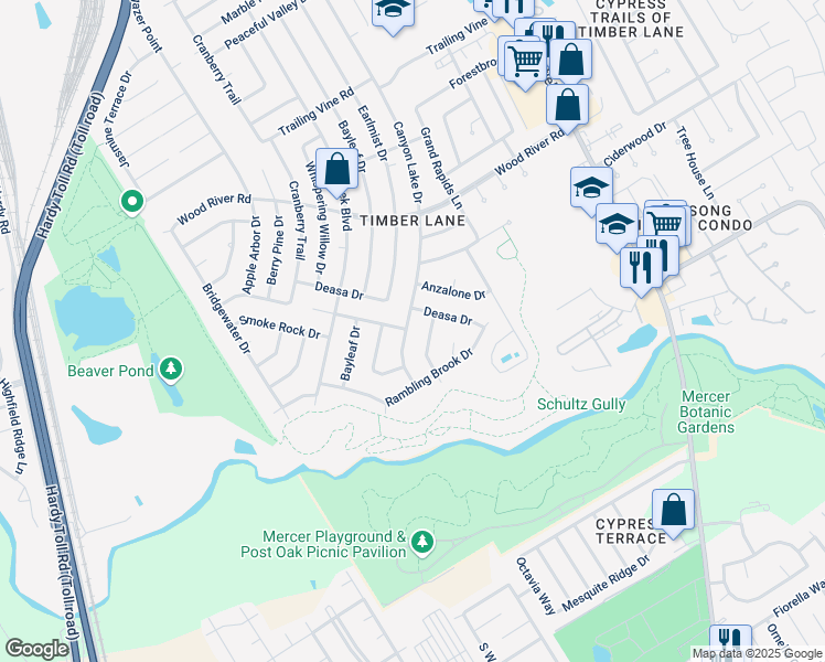 map of restaurants, bars, coffee shops, grocery stores, and more near 22822 Canyon Lake Drive in Spring