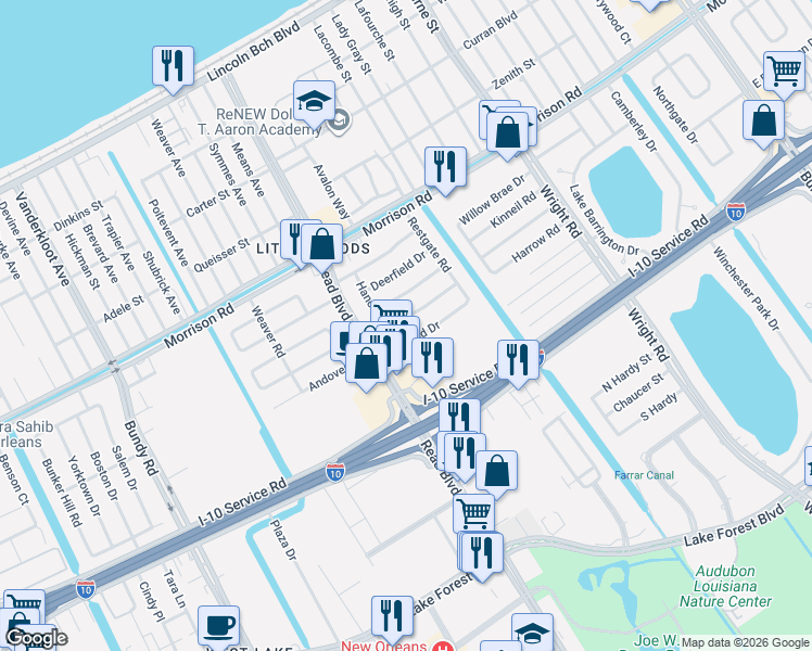 map of restaurants, bars, coffee shops, grocery stores, and more near 10151 Plainfield Drive in New Orleans