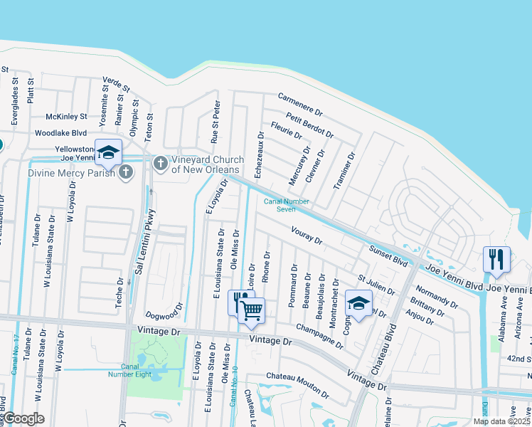 map of restaurants, bars, coffee shops, grocery stores, and more near 620 Vouray Drive in Kenner
