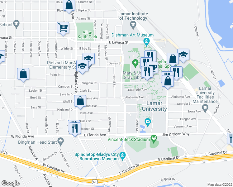 map of restaurants, bars, coffee shops, grocery stores, and more near 4675 Hartel Street in Beaumont