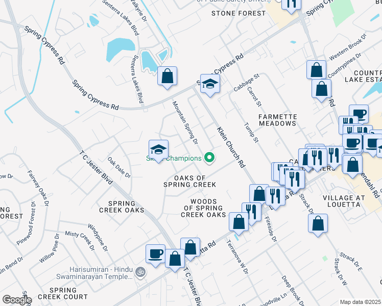 map of restaurants, bars, coffee shops, grocery stores, and more near 18702 Autumn Breeze Dr in Spring