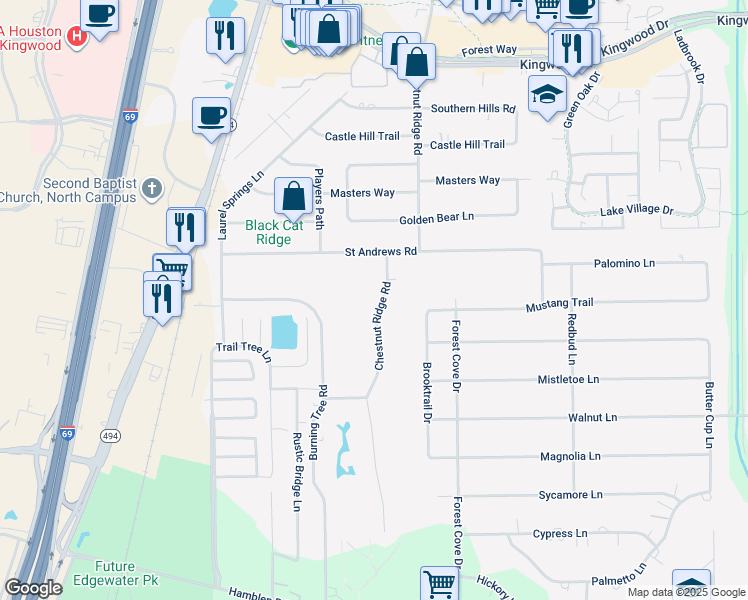 map of restaurants, bars, coffee shops, grocery stores, and more near 1703 Chestnut Ridge Road in Humble