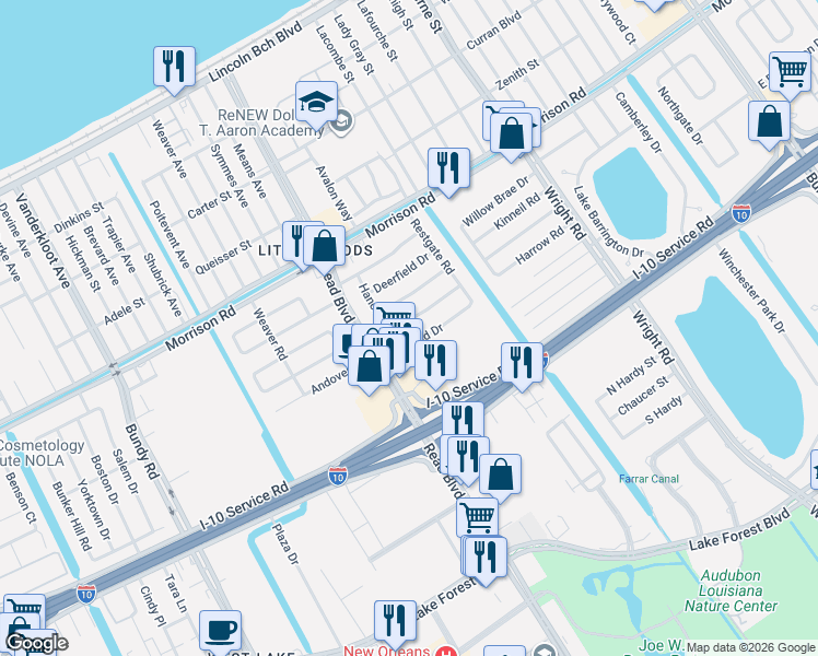 map of restaurants, bars, coffee shops, grocery stores, and more near 10151 Plainfield Drive in New Orleans