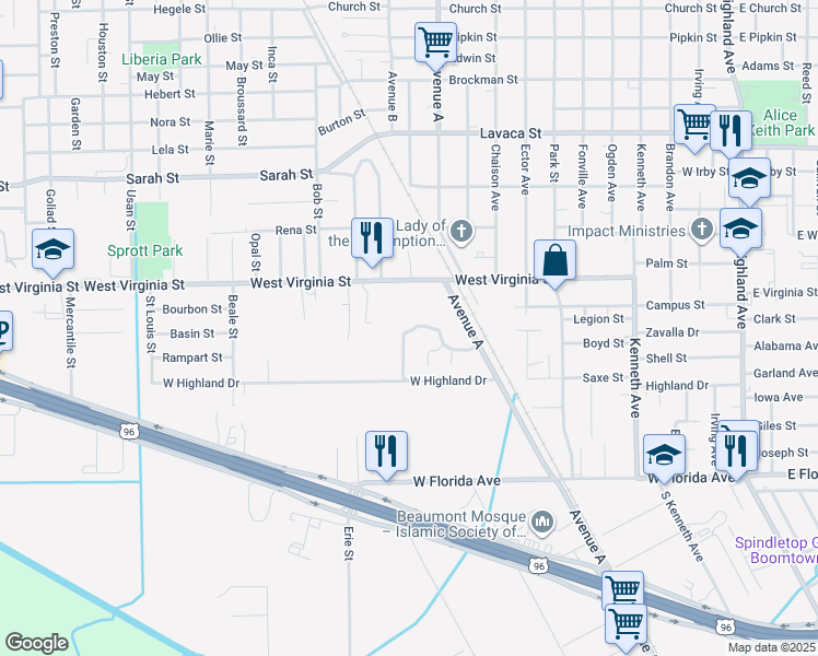 map of restaurants, bars, coffee shops, grocery stores, and more near 1595 Auburn Drive in Beaumont
