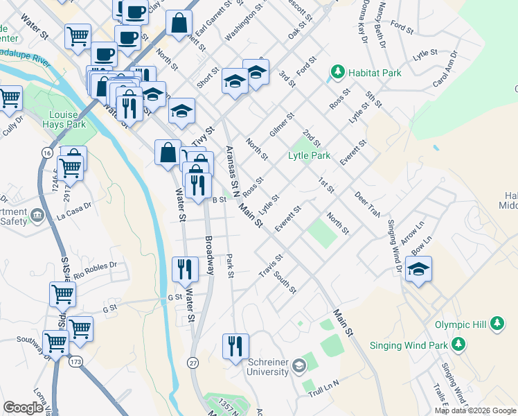map of restaurants, bars, coffee shops, grocery stores, and more near 304 Lytle Street in Kerrville