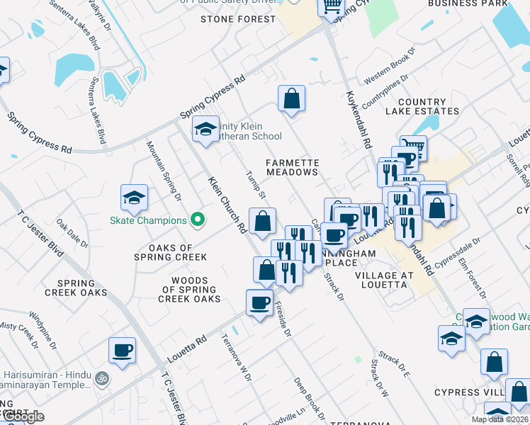 map of restaurants, bars, coffee shops, grocery stores, and more near 18703 Turnip Street in Spring