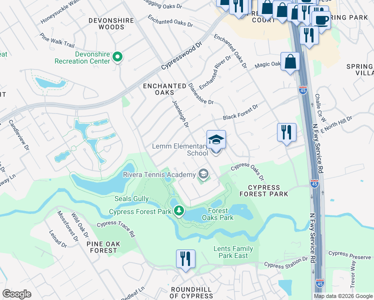 map of restaurants, bars, coffee shops, grocery stores, and more near 131 Kelly Kay Court in Spring