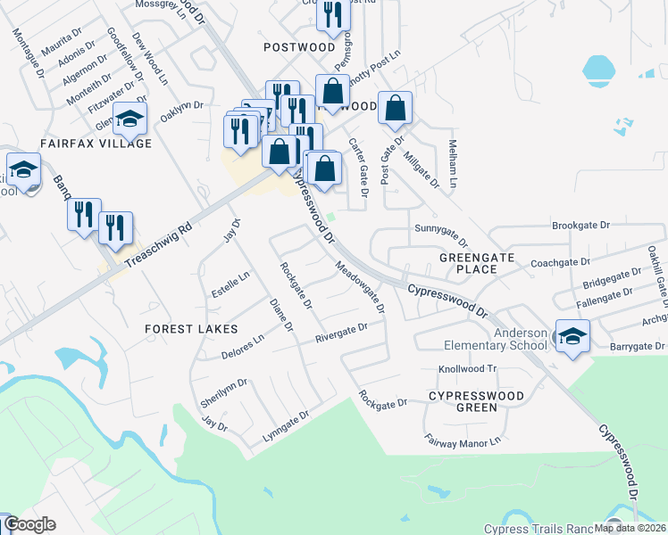 map of restaurants, bars, coffee shops, grocery stores, and more near 5543 Ashgate Drive in Spring