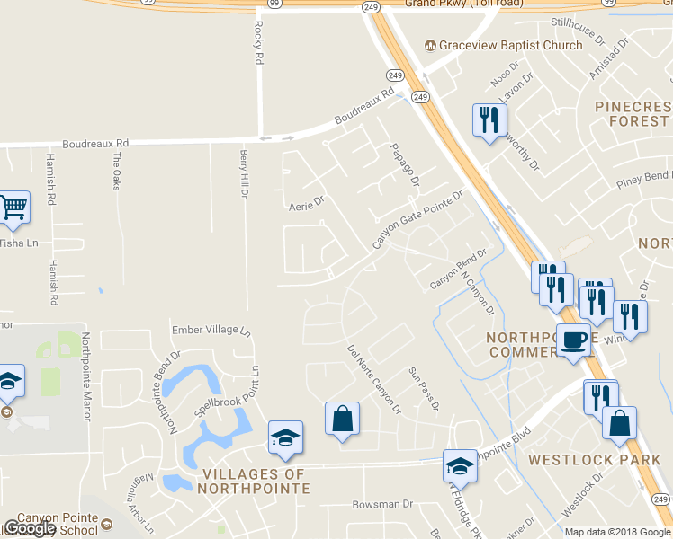 map of restaurants, bars, coffee shops, grocery stores, and more near 11923 Pocatello Drive in Tomball