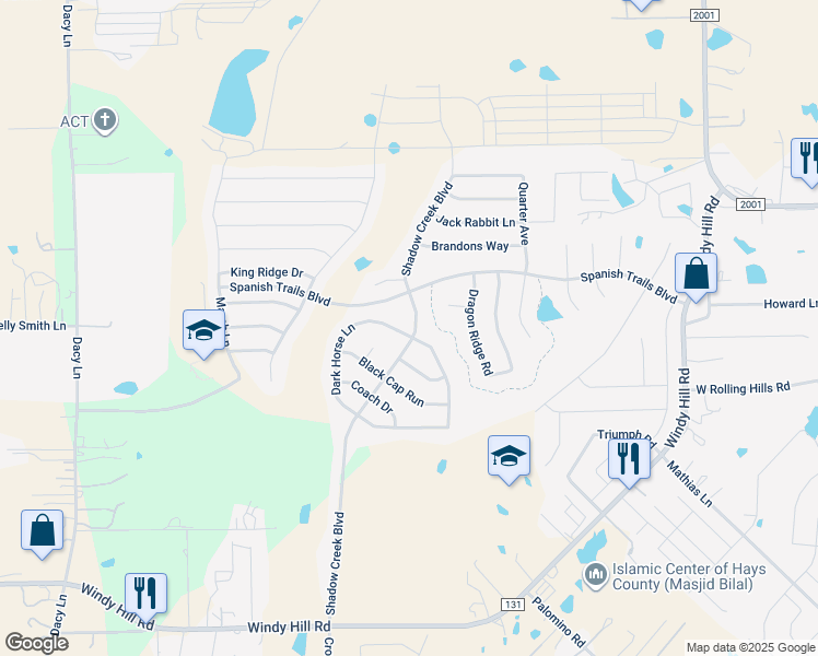 map of restaurants, bars, coffee shops, grocery stores, and more near 843 Shadow Creek Boulevard in Buda