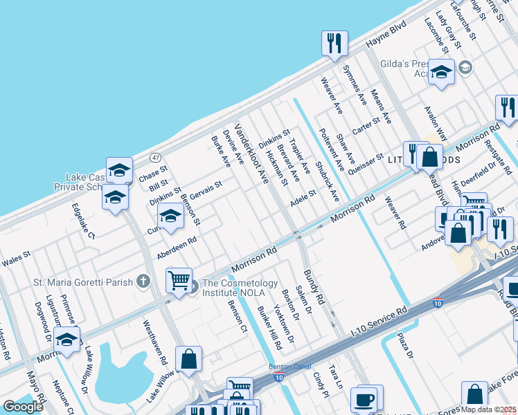 map of restaurants, bars, coffee shops, grocery stores, and more near 7530 Burke Avenue in New Orleans