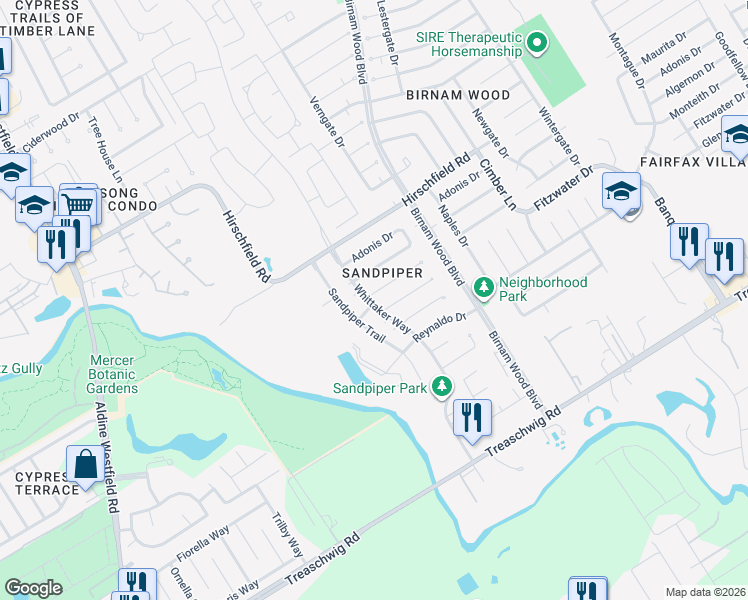 map of restaurants, bars, coffee shops, grocery stores, and more near 3906 Monteith Drive in Spring