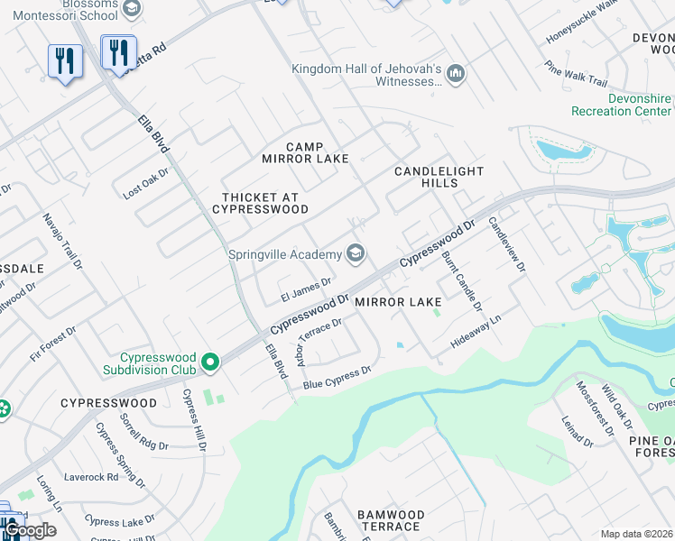 map of restaurants, bars, coffee shops, grocery stores, and more near 18406 Forest Elms Drive in Spring