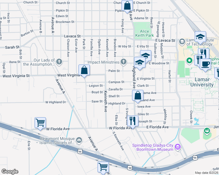 map of restaurants, bars, coffee shops, grocery stores, and more near 760 Zavalla Drive in Beaumont