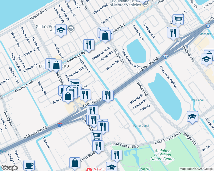 map of restaurants, bars, coffee shops, grocery stores, and more near 10301 I-10 Service Road in New Orleans