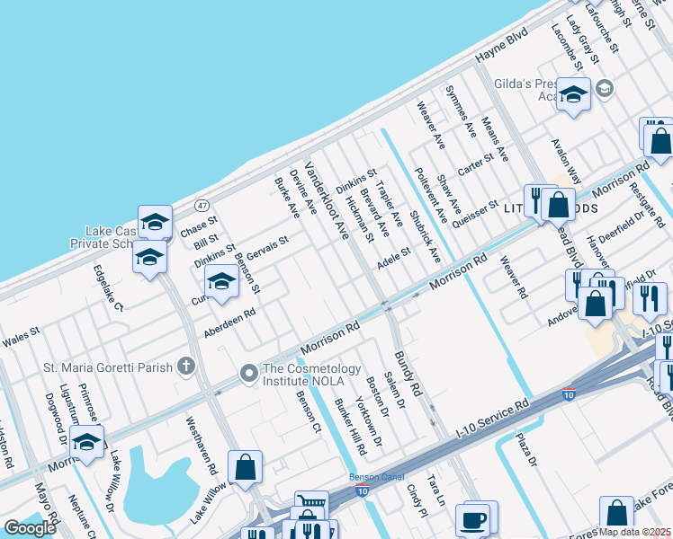 map of restaurants, bars, coffee shops, grocery stores, and more near 7530 Burke Avenue in New Orleans