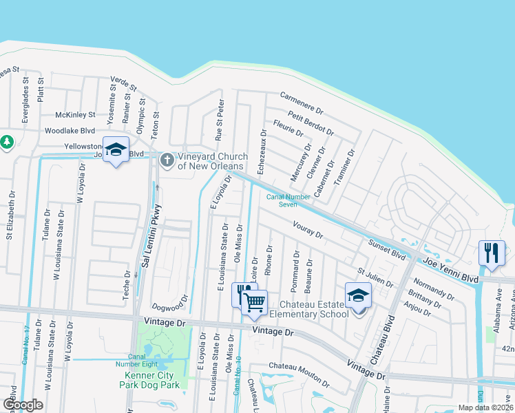 map of restaurants, bars, coffee shops, grocery stores, and more near 4317c Loire Drive in Kenner