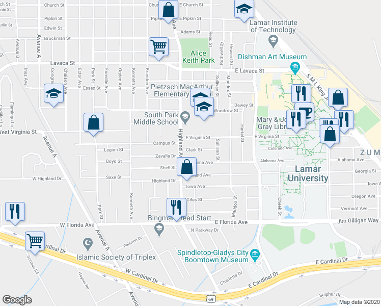 map of restaurants, bars, coffee shops, grocery stores, and more near 195 Alabama Avenue in Beaumont