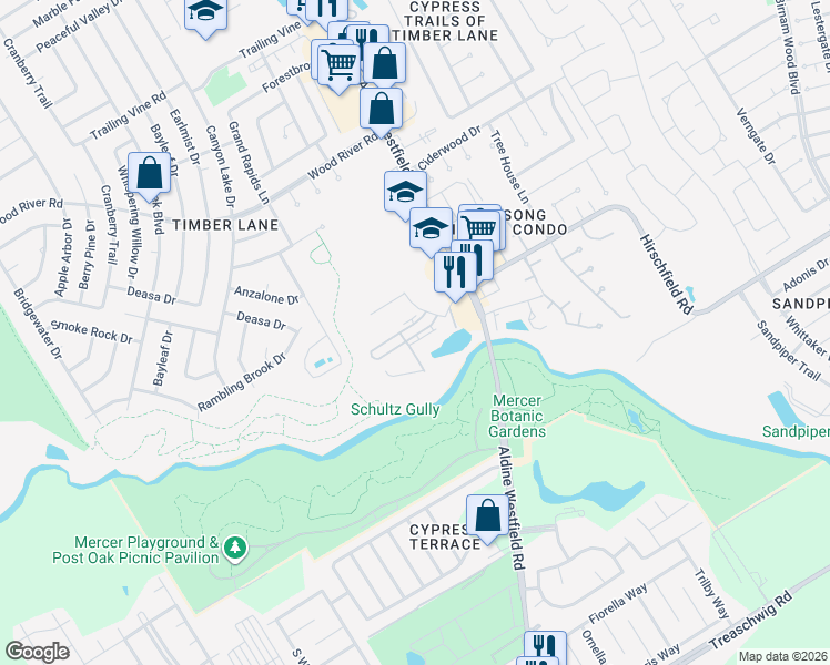 map of restaurants, bars, coffee shops, grocery stores, and more near 2700 Hirschfield Road in Spring