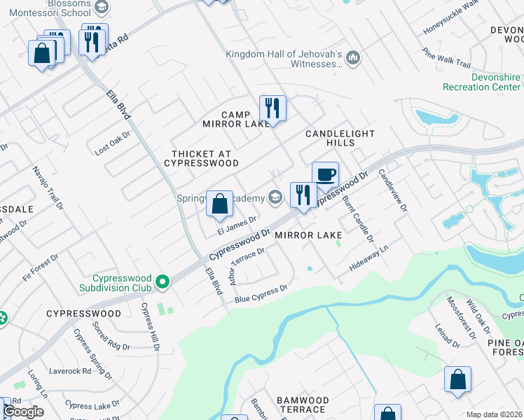 map of restaurants, bars, coffee shops, grocery stores, and more near 18406 Forest Elms Drive in Spring