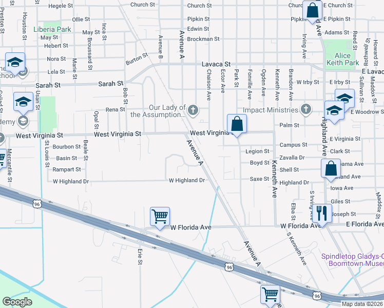 map of restaurants, bars, coffee shops, grocery stores, and more near 4730 Avenue A in Beaumont