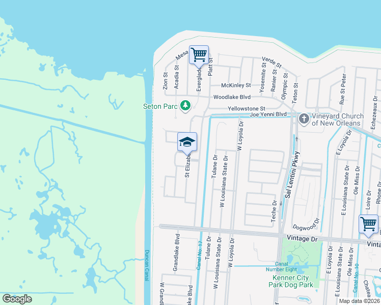 map of restaurants, bars, coffee shops, grocery stores, and more near 4124 Saint Elizabeth Drive in Kenner
