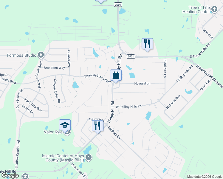map of restaurants, bars, coffee shops, grocery stores, and more near 115 Prairie Circle in Buda