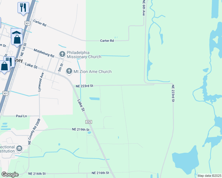 map of restaurants, bars, coffee shops, grocery stores, and more near 796 Northeast 223rd Street in Lawtey