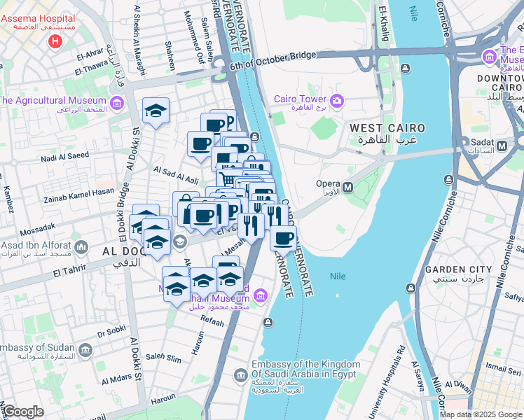 map of restaurants, bars, coffee shops, grocery stores, and more near 8 Nile Street in Dokki