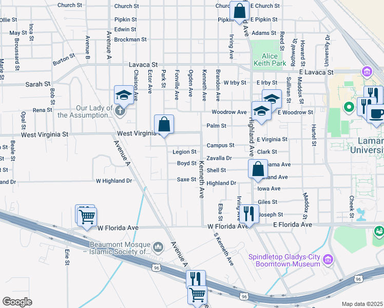 map of restaurants, bars, coffee shops, grocery stores, and more near 885 Legion Street in Beaumont