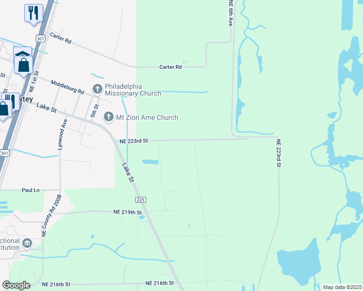 map of restaurants, bars, coffee shops, grocery stores, and more near 796 Northeast 223rd Street in Lawtey