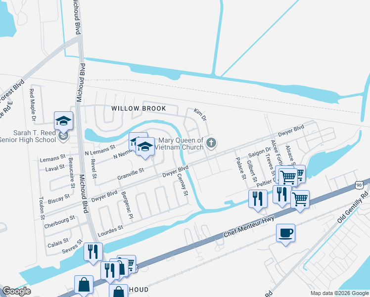 map of restaurants, bars, coffee shops, grocery stores, and more near 5043 East Lemans Street in New Orleans
