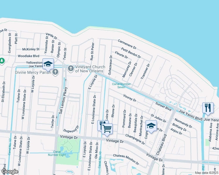 map of restaurants, bars, coffee shops, grocery stores, and more near 4317c Loire Drive in Kenner