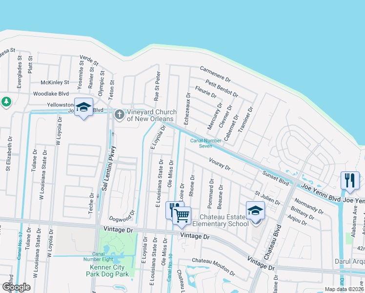 map of restaurants, bars, coffee shops, grocery stores, and more near 4317c Loire Drive in Kenner