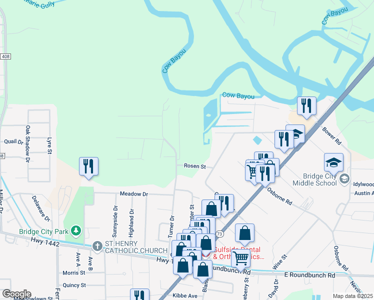 map of restaurants, bars, coffee shops, grocery stores, and more near 190 Farm Drive in Bridge City