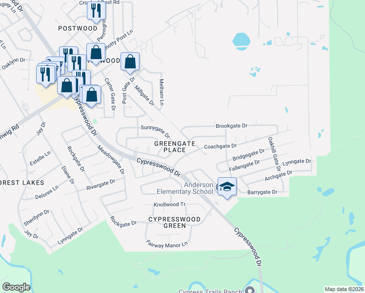 map of restaurants, bars, coffee shops, grocery stores, and more near 6031 Coachgate Drive in Spring