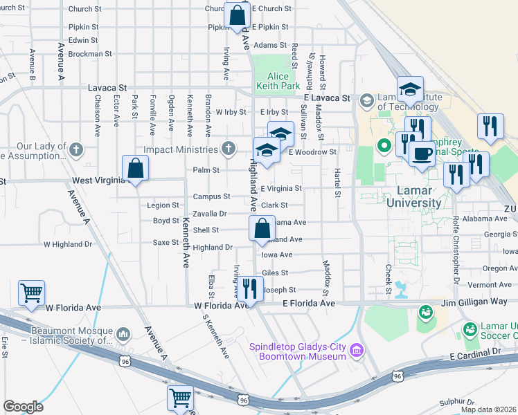 map of restaurants, bars, coffee shops, grocery stores, and more near 195 Alabama Avenue in Beaumont
