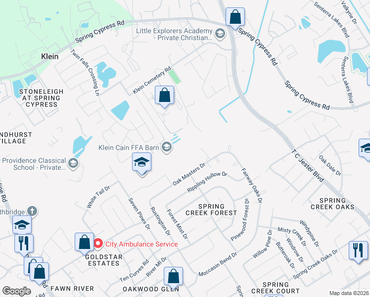 map of restaurants, bars, coffee shops, grocery stores, and more near 17810 Spring Creek Forest Drive in Spring