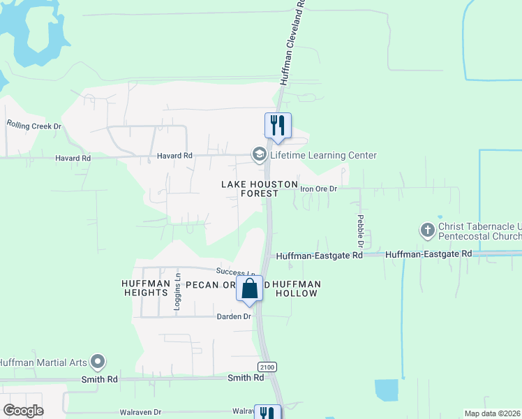 map of restaurants, bars, coffee shops, grocery stores, and more near 25419 Farm to Market 2100 in Huffman